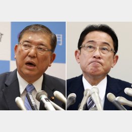 このままでは菅暗黒長期政権（1日、出馬表明会見を行った石破茂元幹事長と岸田文雄政調会長）／（Ｃ）日刊ゲンダイ