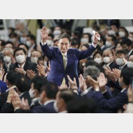 自民党の新総裁に選出され、拍手に応える菅官房長官（Ｃ）共同通信社