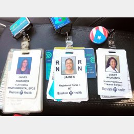 左から、ジャイネスさんの清掃員、看護師、ＮＰの身分証（ジャイネスさんのフェイスブックから）