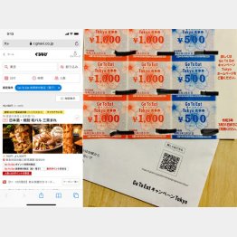 ぐるなび運営「GoTo食事券サイト」（左）と、現在販売停止している紙の「GoToEatキャンペーン Tokyo 食事券」（右）／（Ｃ）日刊ゲンダイ