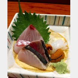 刺身の盛り合わせ。（左上から反時計回りに）ブリ、タイ、ヤイトガツオ、サワラ、ウニ、イカ（Ｃ）日刊ゲンダイ