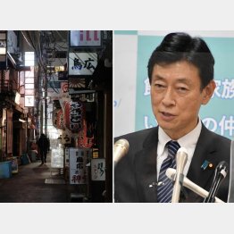 「Go To」1・3兆円を振り向けたらどうだ（西村康稔担当相＝右、灯かりも消え、ひっそり静まりかえる東京・新橋の繁華街）／（Ｃ）日刊ゲンダイ