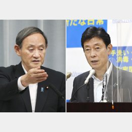 菅首相（左）と西村経済担当相（Ｃ）共同通信社