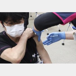 皮下注射より痛い？（ワクチン接種を受ける医療従事者＝川崎市の関東労災病院）／（Ｃ）共同通信社