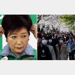 都は「市中感染は確認されていない」の一点張り（23日、東京・中目黒の桜を見に繰り出した人々。小池百合子都知事＝左）／（Ｃ）日刊ゲンダイ