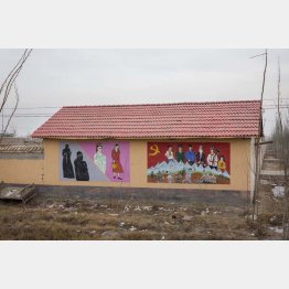 「反テロリズム」のプロバガンダ絵画。ヒジャブなどイスラム教徒の女性の衣装は着用は禁止された（2018年）／（撮影）川嶋久人