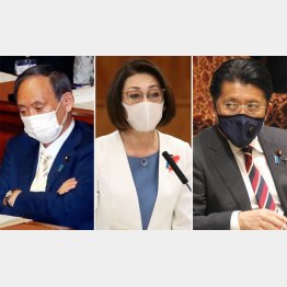（左から）菅首相、三原じゅん子厚労副大臣、平井卓也デジタル改革担当相（Ｃ）日刊ゲンダイ