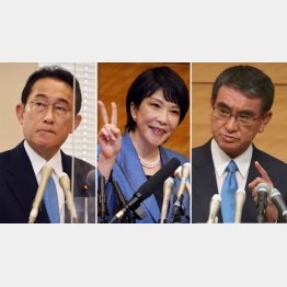 我も我もとアベなびき（左から自民党総裁選立候補の岸田文雄、高市早苗、河野太郎の3氏）／（Ｃ）日刊ゲンダイ