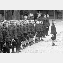 太平洋戦争中、学習院初等科5年の学友と茨城県の鹿島神宮を参拝した皇太子殿下（現上皇＝右端、1944年5月4日）／（Ｃ）共同通信社