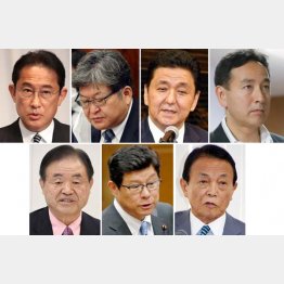 （左上から時計回りに）岸田首相、萩生田経産相、岸防衛相、山際経済再生相、麻生副総裁、高木国対委員長、遠藤選対委員長（Ｃ）日刊ゲンダイ