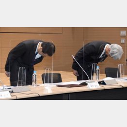 26日の会見で謝罪する坂井みずほFG社長（左）と藤原みずほ銀行頭取（Ｃ）日刊ゲンダイ