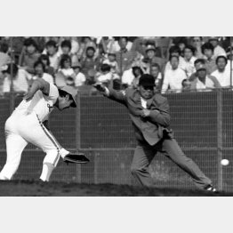 平野の打球は一塁審判の足に当たり…（左は田淵幸一）／（Ｃ）共同通信社