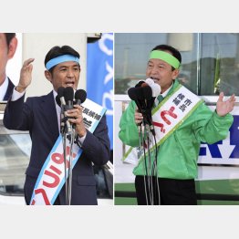 正面から「基地問題」に切り込む岸本洋平氏（左）と「基地問題」に言及しない渡具知武豊氏（Ｃ）共同通信社