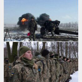 ウクライナは果たして「強権ロシア」で語られる情勢なのか（ウクライナ近郊で軍事演習をするロシア軍〈上、ロシア国防省提供〉とウクライナ軍兵士たち）／（Ｃ）ゲッティ＝共同