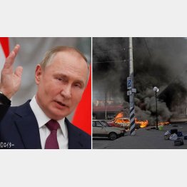 ミサイル攻撃を受けたウクライナ東部ドネツィク州クラマトルスク駅（ロシアのプーチン大統領＝左）／（Ｃ）ゲッティ＝共同