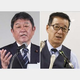 自民党の茂木幹事長（左）と日本維新の会・松井代表（Ｃ）共同通信社