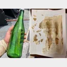 紙片が入った緑色のビン（左）とメッセージが書かれた紙片／（ビッグ・リバー・シップビルダーズのフェイスブックから）