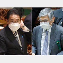 アベノミクス批判がタブーの岸田首相（左）、口先介入だけの黒田日銀総裁／（Ｃ）日刊ゲンダイ