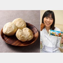 冷凍してもふわふわの生クリームパン（右は、竹下製菓の竹下真由社長）／（提供写真）