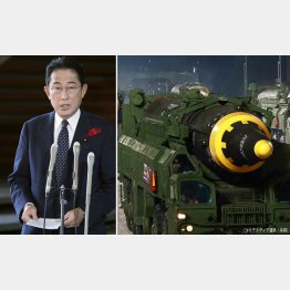 「火星12」と同型か（北朝鮮のミサイル発射を受け、取材に応じる岸田首相＝左）／（Ｃ）共同通信社