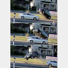 間一髪で黒のSUVが白い車を飛び越える様子が…（フランシスコ修道会のユーチューブから）