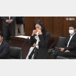 号泣する日本維新の会の梅村みずほ議員（参議院インターネット審議中継から）