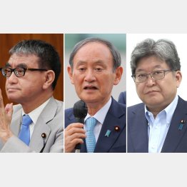 “大物”に飛び火するのか（左から河野太郎デジタル相、菅義偉前首相、萩生田光一政調会長）／（Ｃ）日刊ゲンダイ