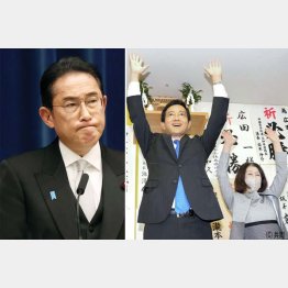 参院徳島・高知補選は野党系が圧勝（当選を決めた広田一氏＝右）、岸田自民は屈辱的な負け方（岸田首相）／（Ｃ）ＪＭＰＡ