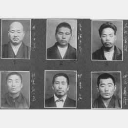 血盟団事件の容疑者たち。（左上から時計回りに）井上日召、菱沼五郎、古内栄司、四元義隆、伊藤広、田倉利之（1932＝昭和7＝年3月28日、日本電報通信社撮影）