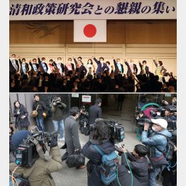 政界、検察、マスコミが一体となって動いている（安倍派「清和政策研究所」パーティー上と、家宅捜索で清和会事務所に入る東京地検特捜部の係官らと取り囲む報道陣）／（Ｃ）日刊ゲンダイ