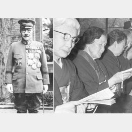 右は、大東亜戦争犠牲者慰霊祭で読経する、左から故本間雅晴将軍の富士夫人、故東条英機元首相（左写真）のカツ夫人ら（1966年＝昭和41＝年1月18日、東京文京区の笹川良一氏宅）／（Ｃ）共同通信社