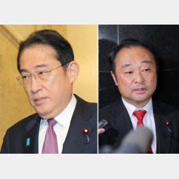 何でもアリのオンパレード党（岸田首相、右は、“パパ活＆デリハル常習”と報じられ辞職した宮沢博行・前防衛相）／（Ｃ）日刊ゲンダイ