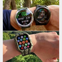 上はファーウェイ（左）とガーミン（自撮り用に2つ装着）、下は石塚集氏のアップルウォッチ（他社のバンドに付け替えている）／（Ｃ）日刊ゲンダイ