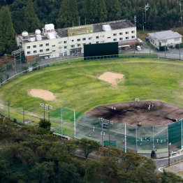 練習グラウンドに隣接した研志寮（センター後方）には、野球部の全選手が暮らしていた（Ｃ）共同通信社