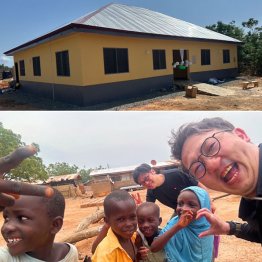 ガーナの産婦人科診療所（上）子供たちとMIYOSHI社員（下）／（提供写真）