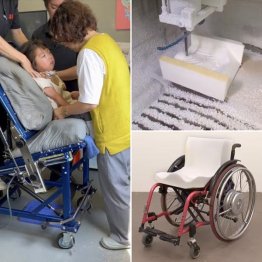 野村さんが丁寧に採型、採型データを元にウレタンを削り、車椅子にシートを被せれば完成（提供写真）