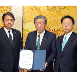 3党幹事長会談で合意書を交わす、左から国民民主党の榛葉幹事長、自民党の森山幹事長、公明党の西田幹事長＝2024年12月13日（Ｃ）日刊ゲンダイ