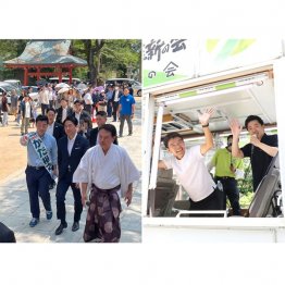 長田神社に進次郎大臣おな～り～（自民・加田裕之、左）、維新・吉平敏孝は時間切れか（吉村洋文代表と）／（Ｃ）日刊ゲンダイ
