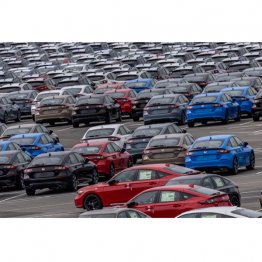 どこにピントが合っているのか？（米カリフォルニア州サンフランシスコのリッチモンド港で待機する日本車）（Ｃ）ロイター