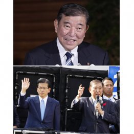 一律2万円給付を打ち出し（上）、裏金議員を「公認」に翻した（下、公明党の石井代表と草加市の応援演説入り）のも石破首相（Ｃ）共同通信社