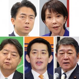 石破じゃダメだと代えたのに、変わらないじゃん（左上から時計回りに小泉、高市、茂木、小林、林の候補者5氏）／（Ｃ）日刊ゲンダイ