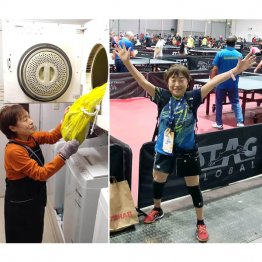 左は職場で働くSさん。Sさんは2024年世界マスターズ卓球のローマ大会に出場（提供）同社