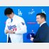 ドジャース入団時の大谷翔平＝2023年12月（Ｃ）ロイター／USA Today Sports