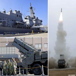 海自イージス艦は巡航ミサイル「トマホーク」の発射能力を備え（左上）、長射程ミサイル「25式地対艦誘」は陸自基地配備（左下）、弾道ミサイル等の発射実験（右）も行われ着々と戦争準備が…（Ｃ）共同通信社