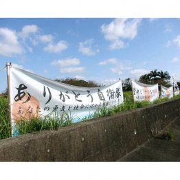 石垣駐屯地の近くの横断幕（提供）筆者