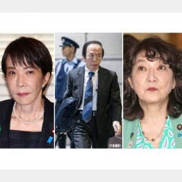 サナエの圧力（左）、さつきのドーカツ（右）、日銀・植田和男総裁（中央）は羽交い絞め…（Ｃ）日刊ゲンダイ