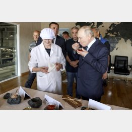 択捉島にある水産加工場でイクラを実食するロシアのプーチン大統領（Ｃ）タス＝共同