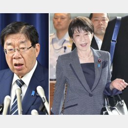 死刑執行の日、にこやかに官邸入りをする高市首相（右、左は死刑執行の会見を開く平口法相）／（Ｃ）共同通信社