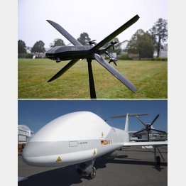 （上から）楽天が提携した独「ヘルシング」社のAI搭載の攻撃型（迎撃用）ドローン「HX-2」＝（C)ロイター、独ベルリンでの航空見本市で展示された川崎重工の無人機「ユーロドローン」＝（C)ゲッティ＝共同