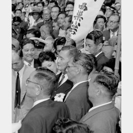 A級戦犯仮出所した鈴木貞一（手前3人のうちの中央、1955＝昭和30＝年9月17日）／（Ｃ）共同通信社